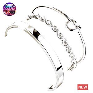 Sterling Silver Stackable Bracelet Set Adjustable Cuff Bangle Minimal Chic